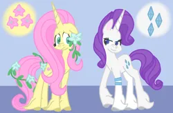 Size: 2256x1481 | Tagged: safe, artist:emilylsart, derpibooru import, fluttershy, rarity, pony, unicorn, alternate color palette, alternate cutie mark, alternate design, alternate eye color, alternate hair color, alternate hairstyle, blue background, colored hooves, colored pupils, decoration, duo, duo female, eyeshadow, fear, female, floppy ears, flower, flower in hair, fluttershy (g5 concept leak), g4, g5 concept leak style, g5 concept leaks, hooves, horn, image, looking at each other, looking at someone, makeup, png, race swap, raised hoof, rarity (g5 concept leak), redesign, scared, serious, serious face, simple background, smiling, unicorn fluttershy, unshorn fetlocks