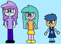 Size: 1249x898 | Tagged: safe, artist:gillianthecreator36, derpibooru import, first base, liza doolots, petunia, tootsie flute, human, equestria girls, adorabase, aura (g4), aurabetes, blue background, closed mouth, clothes, cute, cyan background, daisy (flower), equestria girls-ified, female, female first base, flower, g4, girly girl, gloves, humanized, image, kid, little first base, long sleeves, overalls, pants, png, preschool, shirt, shoes, short sleeves, simple background, skirt, smiling, t-shirt, teenage tootsie flute, teenager, tights, toddler, toddler first base, tomboy, tootsie cute, trio, younger