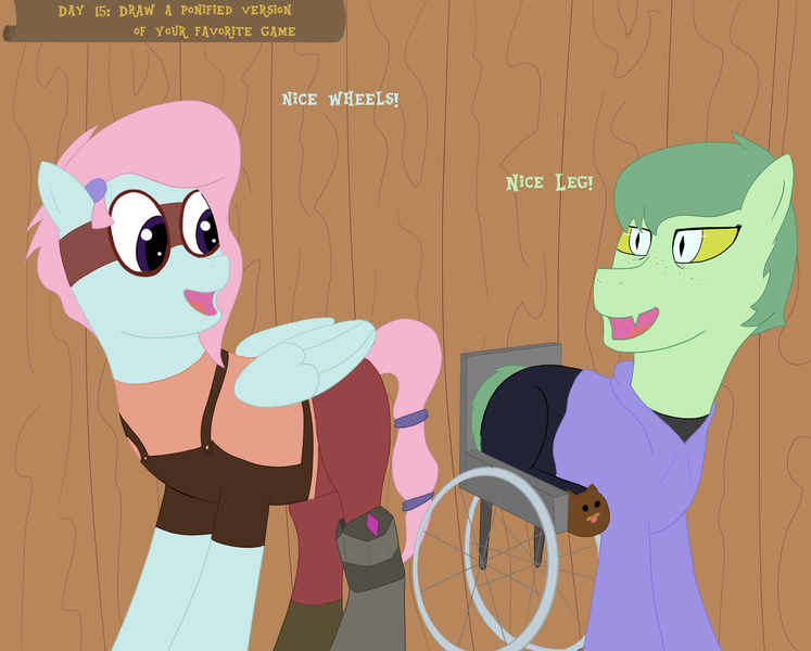 Size: 3562x2860 | Tagged: safe, artist:khazard, derpibooru import, kerfuffle, ponified, pegasus, pony, series:grogar's game, amputee, atg 2024, blacksmith, crossover, gondola (meme), i wani hug that gator, image, newbie artist training grounds, olivia (i wani hug that gator), png, prosthetic leg, prosthetic limb, prosthetics, wheelchair