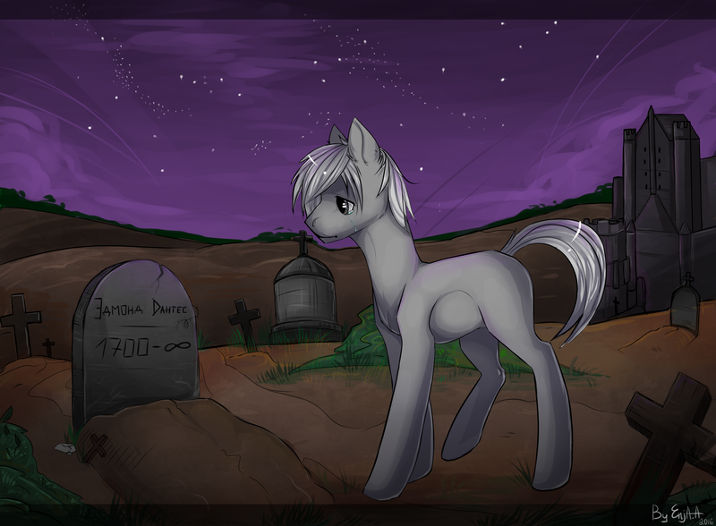 Size: 2722x2000 | Tagged: safe, artist:enjaadjital, derpibooru import, oc, unofficial characters only, earth pony, castle, crying, cyrillic, earth pony oc, edmond dantes, grass, grave, gravestone, graveyard, image, infinity, night, png, stars