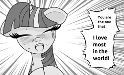 Size: 1080x655 | Tagged: safe, artist:anonymous, derpibooru import, twilight sparkle, ponified, pony, unicorn, drawthread, eyes closed, female, g4, grayscale, i love you, image, manga, mare, monochrome, nose blush, png, ponified manga, solo, sweat, unicorn twilight, yelling