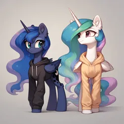 Size: 2048x2048 | Tagged: safe, ai content, derpibooru import, generator:autismmixpony, machine learning generated, prompter:liladash, stable diffusion, princess celestia, princess luna, alicorn, pony, clothes, cute, duo, ear fluff, female, folded wings, g4, hoodie, horn, image, png, siblings, simple background, sisters, standing, wing fluff, wings