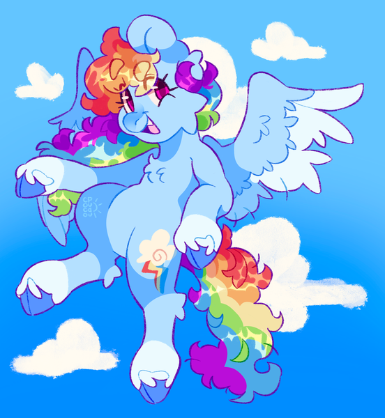 Size: 1885x2048 | Tagged: safe, artist:cocopudu, derpibooru import, rainbow dash, pegasus, pony, alternate hairstyle, alternate tailstyle, bangs, belly, blue coat, blue hooves, cheek fluff, chest fluff, cloud, cloven hooves, coat markings, colored eyebrows, colored hooves, colored pupils, colored wings, colored wingtips, curly mane, curly tail, ear fluff, eye clipping through hair, eyebrows, eyebrows visible through hair, eyelashes, facial markings, fangs, female, flying, g4, hock fluff, hooves, image, looking back, mare, multicolored hair, multicolored mane, multicolored tail, open mouth, open smile, outdoors, pink eyes, png, purple pupils, rainbow hair, rainbow tail, raised hoof, redraw, shiny mane, shiny tail, sky, sky background, smiling, snip (coat marking), socks (coat marking), solo, spread wings, tail, tongue out, two toned wings, unshorn fetlocks, watermark, wing fluff, wings