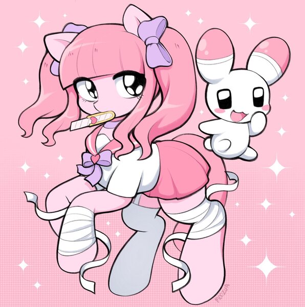 Size: 1436x1446 | Tagged: safe, artist:moozua, derpibooru import, ponified, earth pony, pony, rabbit, animal, bandage, bandaged leg, bangs, big eyes, bow, box cutter, choker, clothes, colored, duo, eye clipping through hair, eyelashes, female, garter, hair bow, image, in air, jpeg, long socks, looking back, magical girl, male, mare, menhera, menhera-chan, mismatched socks, momoka sakurai, mouth hold, patterned background, pigtails, pink coat, pink mane, pink skirt, pink tail, plushie, purple bow, razor blade, rearing, sailor uniform, school uniform, schoolgirl, shiny eyes, shiny mane, signature, skirt, socks, sparkles, tail, tied mane, uniform, usatan, white socks