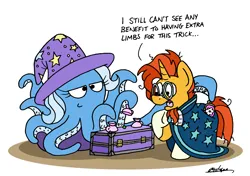 Size: 2232x1572 | Tagged: safe, artist:bobthedalek, derpibooru import, sunburst, trixie, octopus, pony, unicorn, atg 2024, chest, clothes, cup, hat, horn, image, magic trick, newbie artist training grounds, pickpocketing, png, purse, shell game, species swap, stealing, teacup, trixie's hat