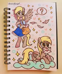 Size: 3000x3598 | Tagged: safe, artist:dariarchangel, derpibooru import, derpy hooves, pegasus, pony, bag, bipedal, clothes, cloud, cross-eyed, cute, derp, derpabetes, derpy being derpy, female, folded wings, g4, image, jpeg, letter, lying down, lying on a cloud, mailbag, mailmare, mailpony, mare, mouth hold, on a cloud, photo, prone, shirt, sketchbook, skirt, smiling, solo, spread wings, standing, standing on two hooves, traditional art, wings