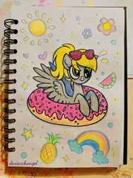 Size: 2250x3000 | Tagged: safe, artist:dariarchangel, derpibooru import, derpy hooves, pegasus, pony, alternate hairstyle, cross-eyed, cute, derp, derpabetes, derpy being derpy, donut, female, flower, food, g4, heart, image, jpeg, mare, photo, pineapple, ponytail, rainbow, sketchbook, smiling, spread wings, stars, summer, sun, sunglasses, sunglasses on head, traditional art, watermelon, wings