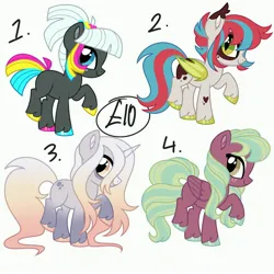 Size: 4000x4000 | Tagged: safe, artist:fizzlefer, derpibooru import, oc, oc:kaleidoscope swatch, unofficial characters only, bat pony, earth pony, pegasus, pony, unicorn, adoptable, bat pony oc, bat wings, earth pony oc, female, folded wings, freckles, g4, heart, heart mark, horn, image, jpeg, mare, pegasus oc, raised hoof, raised leg, smiling, tail, unicorn oc, unshorn fetlocks, wings