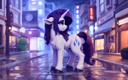 Size: 2048x1280 | Tagged: safe, ai content, derpibooru import, machine learning generated, prompter:raif, stable diffusion, rarity, pony, unicorn, city, cityscape, cutie mark, g4, horn, image, png, rain, solo