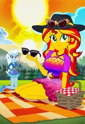 Size: 832x1216 | Tagged: safe, ai content, machine learning generated, prompter:tiamatnightmare, sunset shimmer, trixie, human, equestria girls, equestria girls series, basket, blue sky, cloud, female, grass, grass field, humanized, image, jpeg, lesbian, picnic, picnic basket, picnic blanket, shipping, suntrix