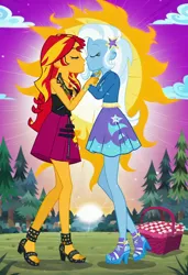 Size: 832x1216 | Tagged: safe, ai content, machine learning generated, prompter:tiamatnightmare, sunset shimmer, trixie, human, equestria girls, equestria girls series, basket, blue sky, cloud, female, grass, grass field, humanized, image, jpeg, lesbian, picnic, picnic basket, picnic blanket, shipping, suntrix