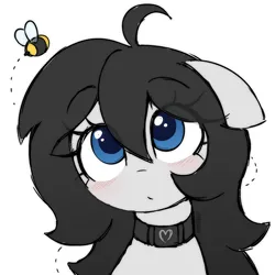 Size: 1500x1500 | Tagged: safe, artist:stablegrass, derpibooru import, oc, oc:milly, bee, earth pony, insect, pony, ahoge, blushing, collar, eye clipping through hair, female, floppy ears, image, looking up, mare, png