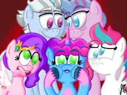 Size: 2160x1620 | Tagged: safe, artist:jesslmc16, derpibooru import, alphabittle (g5), pipp petals, queen haven, zipp storm, pegasus, pony, unicorn, g5, bust, curtains, derp, digital art, family, female, funny, group, horn, horns, image, male, mare, misty brightdawn, png, portrait, signature, silly, simple background, spread wings, stallion, wings