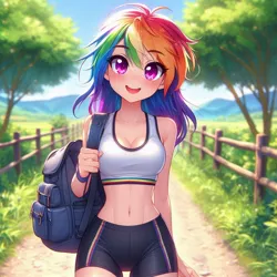 Size: 1024x1024 | Tagged: safe, ai content, derpibooru import, generator:copilot, machine learning generated, rainbow dash, human, anime, backpack, breasts, clothes, compression shorts, cute, dashabetes, dirt road, female, fence, g4, generator:dall-e 3, humanized, image, jpeg, looking at you, midriff, nature, outdoors, shorts, smiling, smiling at you, solo, standing, tree