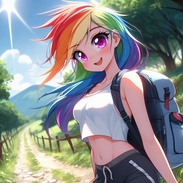 Size: 1024x1024 | Tagged: safe, ai content, derpibooru import, generator:copilot, machine learning generated, rainbow dash, human, anime, backpack, breasts, clothes, cute, dashabetes, dirt road, dutch angle, female, fence, g4, generator:dall-e 3, humanized, image, jpeg, looking at you, midriff, nature, outdoors, shorts, smiling, smiling at you, solo, standing, tree