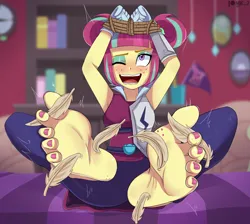 Size: 2018x1808 | Tagged: suggestive, artist:nok_2, ponerpics import, sour sweet, equestria girls, breasts, clothes, feet, female, fetish, foot fetish, foot focus, gloves, image, laughing, png, soles, tickling, tied up, toes