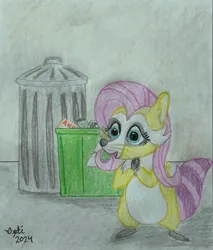 Size: 2568x3011 | Tagged: safe, artist:opti, derpibooru import, fluttershy, raccoon, atg 2024, female, image, jpeg, newbie artist training grounds, pleading, recycle bin, solo, species swap, traditional art, trash can