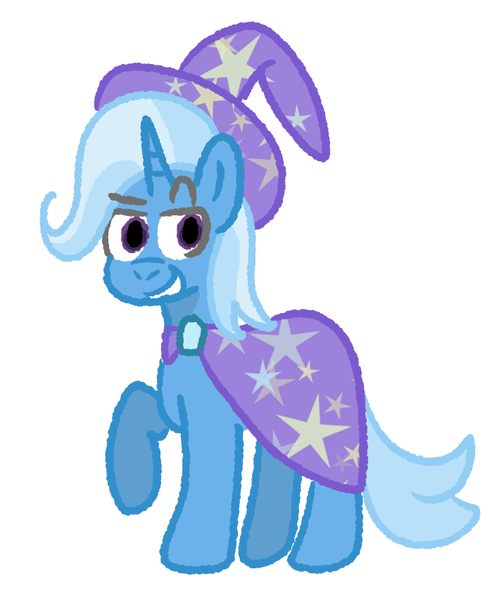 Size: 716x853 | Tagged: safe, artist:zoeyhorse, derpibooru import, trixie, pony, unicorn, eyebrows, female, grin, horn, image, lidded eyes, mare, png, raised eyebrow, raised hoof, simple background, smiling, solo, white background