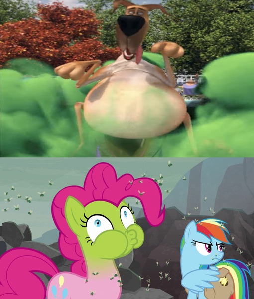 Size: 1948x2294 | Tagged: safe, derpibooru import, pinkie pie, rainbow dash, dog, earth pony, fly, insect, pegasus, pony, disgusted, fart, fart cloud, female, g4, green face, grossed out, image, inflation, jpeg, male, marmaduke, puffy cheeks, reaction image