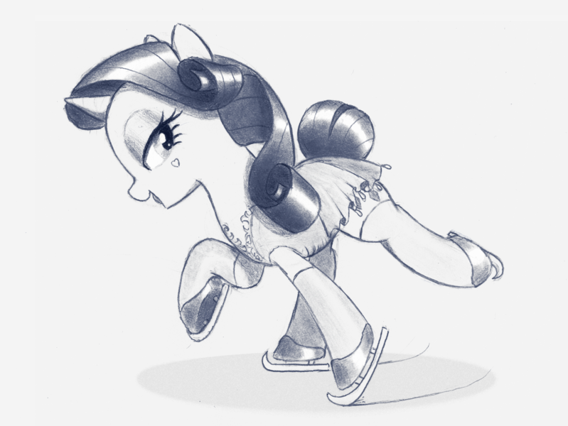 Size: 3781x2838 | Tagged: safe, artist:mizhisha, derpibooru import, rarity, clothes, dress, ice skating, image, looking back, monochrome, pencil drawing, png, skates, skirt, skirt lift, tail, tail bun, traditional art