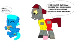 Size: 5952x3280 | Tagged: safe, artist:memeartboi, derpibooru import, ponified, earth pony, pegasus, pony, angry, burger, clothes, colt, cute, delicious, duo, duo male, eating, family, foal, food, g4, gumball watterson, hamburger, image, male, pants, png, rob, shirt, simple background, spoiler, spoiler alert, spoiler image, spoiler tag, the amazing world of gumball, white background