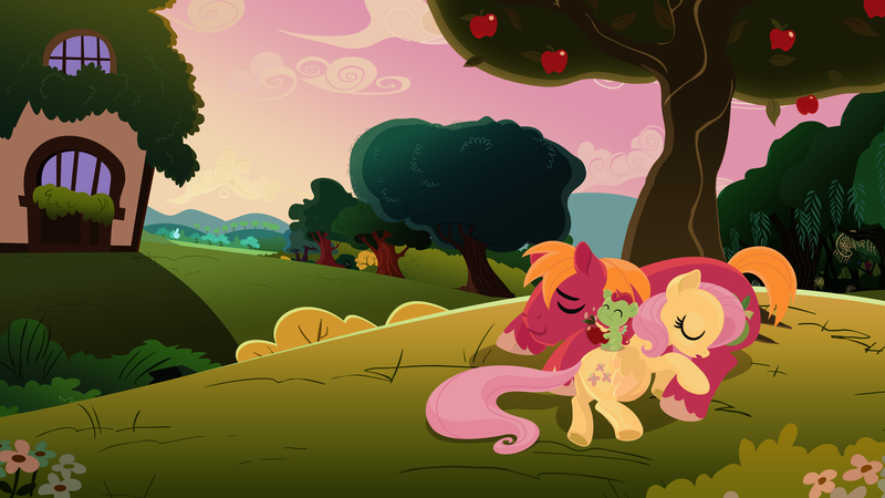 Size: 3840x2160 | Tagged: safe, anonymous artist, derpibooru import, big macintosh, fluttershy, oc, oc:late riser, earth pony, pegasus, pony, series:fm holidays, 4k, alternate hairstyle, apple, apple tree, colt, eating, eyes closed, family, father's day, female, fluttermac, fluttershy's cottage, foal, food, frog (hoof), g4, high res, hoof hold, image, lineless, male, mare, offspring, outdoors, parent:big macintosh, parent:fluttershy, parents:fluttermac, png, preggoshy, pregnant, puffy cheeks, shipping, short mane, smiling, stallion, straight, sunset, toddler, tree, underhoof