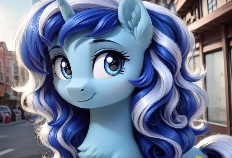 Size: 1216x832 | Tagged: safe, ai content, derpibooru import, machine learning generated, prompter:kluknawa235, stable diffusion, minuette, unicorn, building, ear fluff, g4, horn, image, jpeg, looking at you, outdoors, sky, smiling, solo