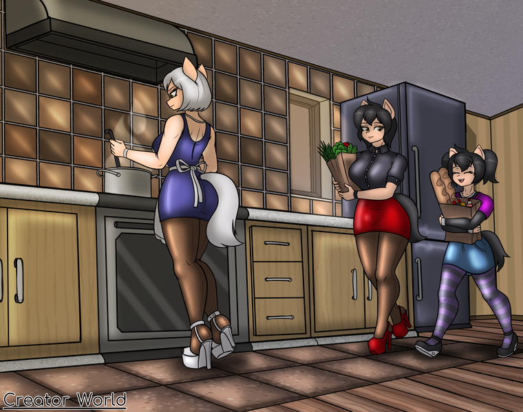 Size: 1900x1500 | Tagged: safe, artist:creatorworld, ponerpics import, oc, unofficial characters only, anthro, breasts, clothes, female, groceries, high heels, image, latex, pantyhose, png, shoes