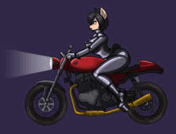 Size: 1141x870 | Tagged: suggestive, artist:creatorworld, ponerpics import, oc, unofficial characters only, anthro, animated, breasts, clothes, female, gif, gloves, high heels, image, latex, latex boots, latex suit, long gloves, motorcycle, riding, shoes