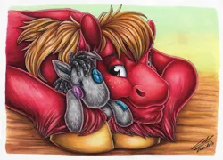 Size: 3494x2512 | Tagged: safe, artist:lupiarts, derpibooru import, big macintosh, smarty pants, earth pony, pony, colored, colored pencil drawing, copic, doll, image, jpeg, male, markers, plushie, smiling, solo, solo male, stallion, toy, traditional art, unshorn fetlocks