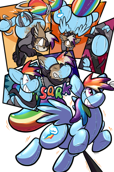 Size: 3000x4500 | Tagged: safe, artist:virmir, derpibooru import, rainbow dash, oc, oc:zinc, fox, inflatable pony, pegasus, artfight, comic, eyepatch, furry, furry to pony, high res, hose, image, inanimate tf, inflatable, inflation, png, simple background, transformation, transformation sequence, transparent background