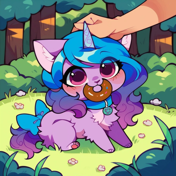 Size: 1024x1024 | Tagged: safe, ai content, derpibooru import, machine learning generated, prompter:faerindahol, stable diffusion, izzy moonbow, cat, unicorn, g5, adorable face, bow, bush, catified, collar, cute, daaaaaaaaaaaw, disembodied hand, donut, eye clipping through hair, food, forest, hand, head pat, horn, image, mouth hold, nature, nom, pat, patting, pet tag, png, sitting, smol, species swap, tail, tail bow, tree