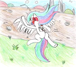 Size: 1400x1239 | Tagged: safe, artist:fleximusprime, derpibooru import, princess celestia, alicorn, bird, chicken, atg 2024, fainted, g4, grass, image, newbie artist training grounds, png, wings