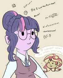 Size: 2664x3277 | Tagged: safe, artist:tkshoelace, derpibooru import, sci-twi, sunset shimmer, twilight sparkle, human, equestria girls, clothes, duo, duo female, female, g4, glasses, image, math, png, simple background, speech bubble, thinking