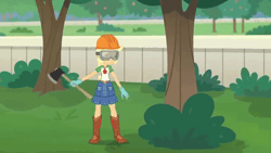 Size: 854x480 | Tagged: safe, derpibooru import, screencap, applejack, human, diy with applejack, equestria girls, spoiler:eqg series (season 2), animated, axe, clothes, female, g4, gif, goggles, hard hat, hat, image, my little pony equestria girls: better together, tree, weapon