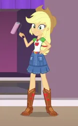 Size: 372x598 | Tagged: safe, derpibooru import, edit, edited screencap, screencap, applejack, human, diy with applejack, equestria girls, spoiler:eqg series (season 2), applejack's hat, cowboy hat, cropped, female, g4, hand on hip, hat, image, my little pony equestria girls: better together, paint roller, png, solo