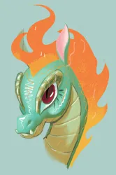 Size: 672x1012 | Tagged: safe, artist:beherelongtime, derpibooru import, dragon, hybrid, longma, them's fightin' herds, community related, female, fire, image, jpeg, mane of fire, simple background, solo, tianhuo (tfh)