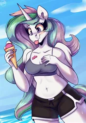 Size: 3300x4700 | Tagged: safe, artist:shadowreindeer, derpibooru import, princess celestia, alicorn, anthro, food, ice cream, image, jpeg, solo, summer