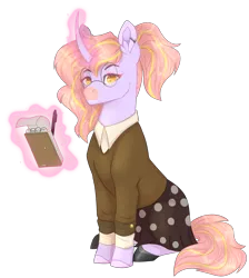 Size: 4232x4716 | Tagged: safe, artist:maxxacure, derpibooru import, oc, unofficial characters only, pony, unicorn, clothes, coat, curved horn, ear piercing, earring, female, glasses, horn, image, jewelry, looking at you, magic, notebook, pen, piercing, pink mane, png, ponytail, shirt, simple background, sitting, skirt, solo, solo female, transparent background, unicorn oc, writing, yellow eyes