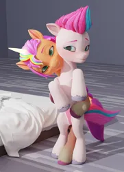 Size: 1549x2142 | Tagged: suggestive, artist:qweqwerwuw, derpibooru import, sunny starscout, zipp storm, alicorn, earth pony, pegasus, pony, g5, my little pony: a new generation, 3d, bed, bedroom eyes, bipedal, blender, blushing, clothes, duo, duo female, embarrassed, female, hug, hug from behind, image, jpeg, lesbian, looking at you, mane stripe sunny, mare, panties, race swap, seductive look, ship:sunnystorm, shipping, sunnycorn, tights, underwear