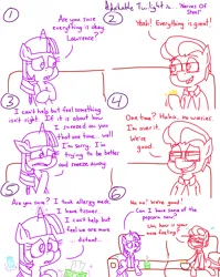 Size: 4779x6013 | Tagged: safe, artist:adorkabletwilightandfriends, derpibooru import, twilight sparkle, twilight sparkle (alicorn), oc, oc:lawrence, alicorn, comic:adorkable twilight and friends, adorkable, adorkable twilight, big eyes, blushing, bowl, comic, couch, cute, dating, distant, dork, embarrassed, food, glasses, grin, image, medicine, necktie, nervous, nervous grin, png, popcorn, sad, separation, sitting, slice of life, smiling, sweat, tissue, tissue box, worried, worried smile