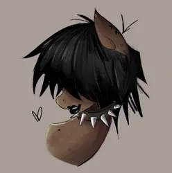 Size: 655x660 | Tagged: safe, artist:notsafeforsanity, derpibooru import, oc, unnamed oc, unofficial characters only, earth pony, black lipstick, black mane, bust, choker, dark skin, ear piercing, freckles, goth, hair covering face, heart, image, lipstick, mole, piercing, png, portrait, solo, spiked choker