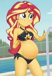 Size: 832x1216 | Tagged: prompter needed, suggestive, ai content, derpibooru import, machine learning generated, stable diffusion, sunset shimmer, human, equestria girls, belly, belly button, big belly, clothes, female, g4, generator:pony diffusion v6 xl, geode of empathy, grin, image, jpeg, magical geodes, midriff, my little pony equestria girls: better together, pregnant, show accurate, smiling, sunset preggers, swimming pool, swimsuit