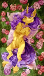 Size: 1624x2782 | Tagged: safe, artist:zeekhult, derpibooru import, oc, oc:tulipan, unofficial characters only, pony, unicorn, belly button, blanket, cheek fluff, chest fluff, commission, commissioner:luxorianin, curved horn, digital art, digital painting, ear fluff, flower, heart, heart eyes, horn, image, looking at you, lying down, on back, png, smiling, unicorn oc, unshorn fetlocks, watermark, wingding eyes