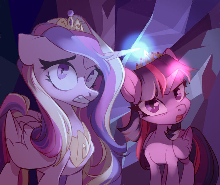 Size: 1280x1076 | Tagged: safe, artist:lummh, artist:shore2020, derpibooru import, princess cadance, twilight sparkle, twilight sparkle (alicorn), alicorn, pony, comic:the princess of love, crown, female, g4, glow, glowing horn, gritted teeth, horn, image, jewelry, jpeg, mare, new crown, open mouth, peytral, regalia, teeth