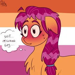 Size: 2048x2048 | Tagged: safe, artist:the-fucking-cannibal, derpibooru import, sunny starscout, earth pony, pony, g5, blushing, female, image, implied lesbian, implied moonscout, implied shipping, lesbian pride flag, mare, png, pride, pride flag, solo, vulgar