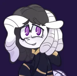 Size: 682x672 | Tagged: oc name needed, safe, artist:opossum-stuff, derpibooru import, part of a set, oc, unofficial characters only, earth pony, pony, big eyes, black and white mane, clothes, colored, colored eyebrows, commission, dreadlocks, earth pony oc, eyebrow slit, eyebrows, eyebrows visible through hair, facial markings, floppy ears, grin, image, lidded eyes, long mane, nervous, nervous grin, png, purple background, purple eyes, raised hoof, robe, simple background, smiling, solo, tail, thick eyebrows, two toned mane, white coat, white tail