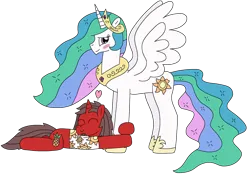 Size: 2996x2139 | Tagged: safe, artist:supahdonarudo, derpibooru import, princess celestia, oc, oc:ironyoshi, alicorn, unicorn, blushing, clothes, heart, horn, hug, image, png, shirt, simple background, transparent background