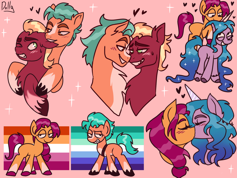 Size: 2048x1536 | Tagged: safe, artist:the-fucking-cannibal, derpibooru import, hitch trailblazer, izzy moonbow, sprout cloverleaf, sunny starscout, earth pony, pony, unicorn, g5, biting, blushing, ear bite, female, gay, gay pride flag, horn, image, kiss on the lips, kissing, lesbian, lesbian pride flag, male, pink background, png, pride, pride flag, ship:clovertrail, ship:moonscout, shipping, simple background