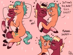 Size: 2048x1536 | Tagged: safe, artist:the-fucking-cannibal, derpibooru import, hitch trailblazer, sprout cloverleaf, earth pony, pony, g5, blushing, cuddling, duo, face licking, gay, head rub, image, licking, male, pink background, png, ship:clovertrail, shipping, simple background, tongue out